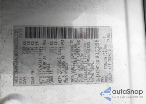 2018 Nissan Rogue Sv z USA, uszkodzony, nr VIN 5N1AT2MT3JC815266